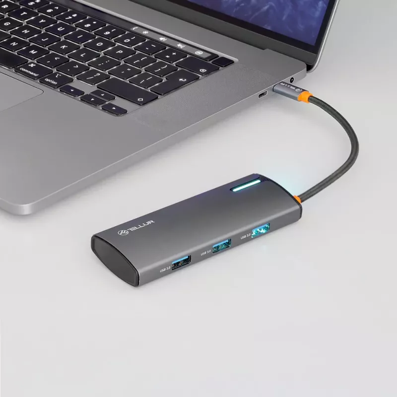 Hub USB-C Tellur TLL321061 con PD 3.0 100W, salida HDMI y 3× conectores USB 3.0