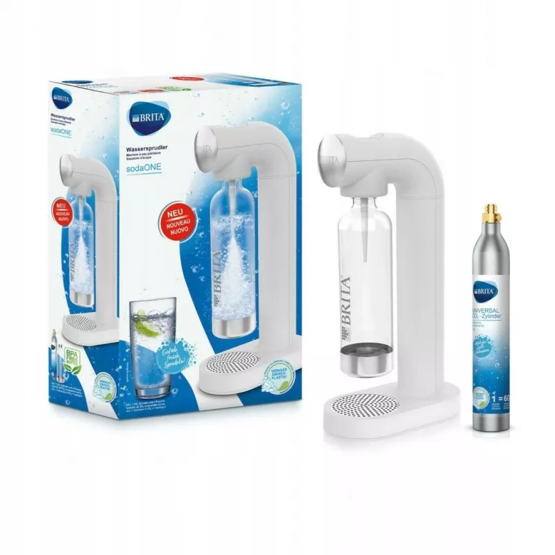 BRITA sodaONE carbonatador de agua con botella PET de 1 L y cilindro de CO2, hasta 60 L por cilindro, blanco