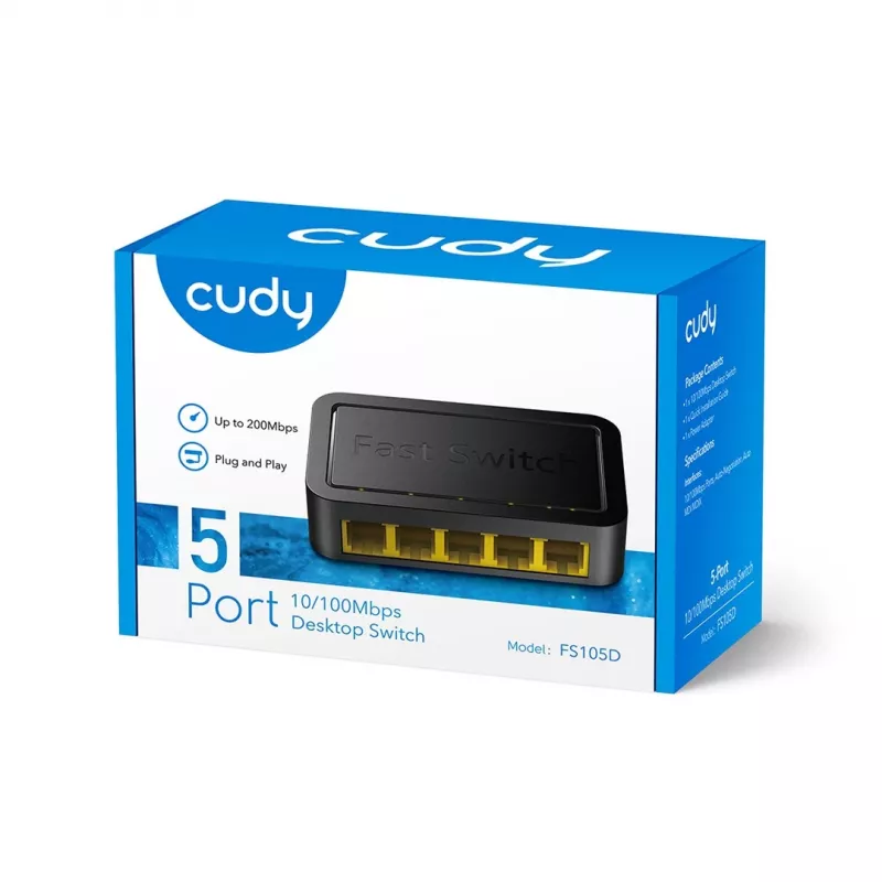 Switch de red Cudy FS105D — 5 puertos Fast Ethernet 10/100, conmutación 1 Gbit/s, negro