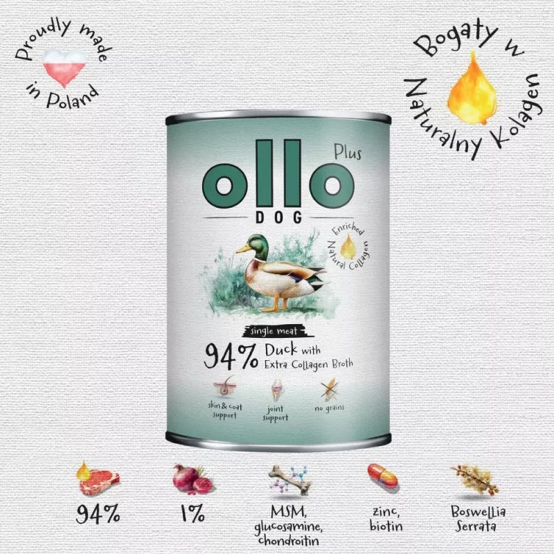 Ollo Plus Colágeno Pato 400 g Lata de comida para perros