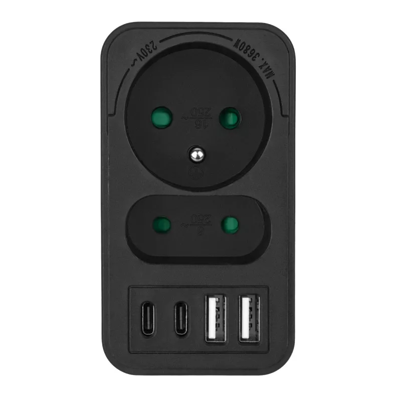 Regleta de enchufes MACLEAN MCE249 F/B – 2 tomas AC (16A + 6A) con 2×USB-A y 2×USB-C PD 20W, conector EU, negro