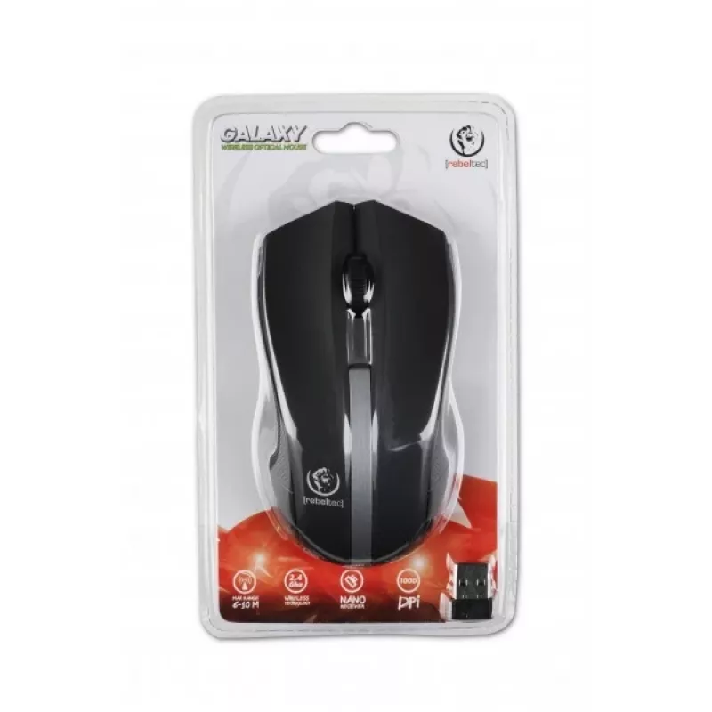 Ratón óptico inalámbrico Rebeltec GALAXY negro/plateado, superficie de goma