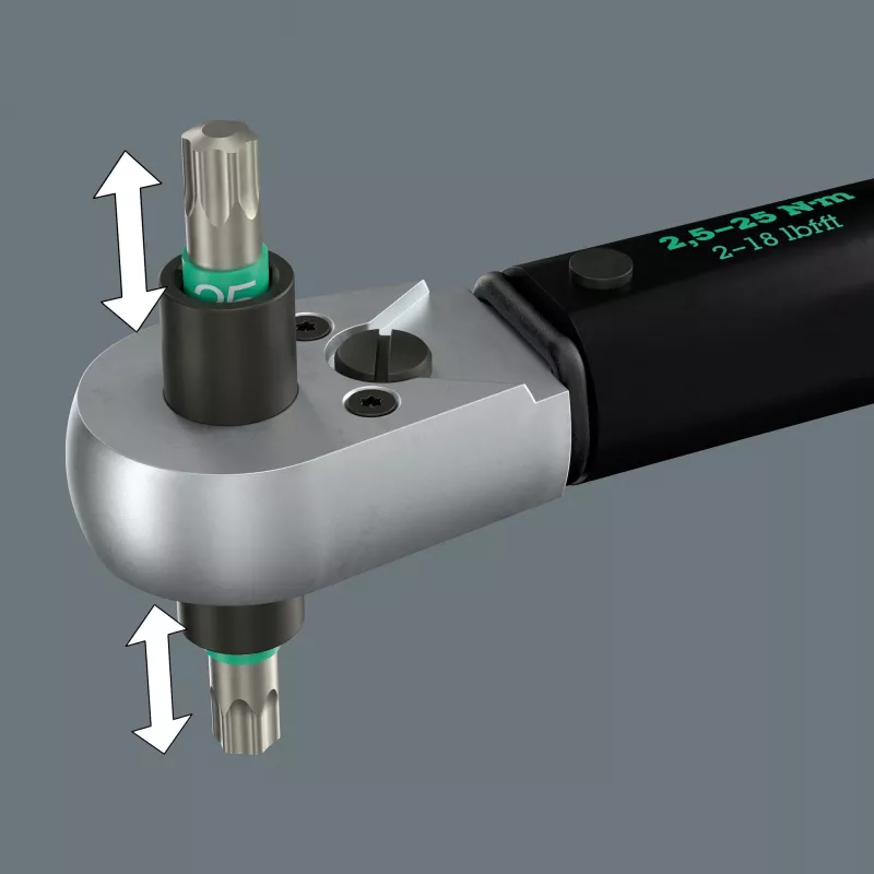 Llave dinamométrica con cuadradillo pasante Click-Torque Lock A 6 R/L negro/verde, salida 1/4 porta puntas, 2,5 a 25 Nm