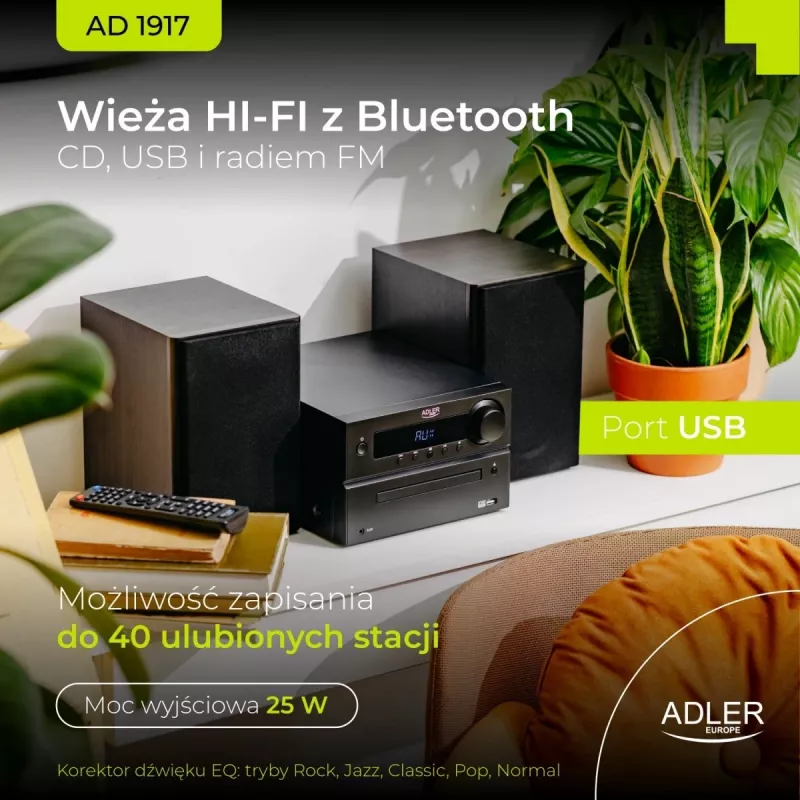 Minicadena estéreo Hi‑Fi Adler AD 1917 — Bluetooth V5.3, CD/USB/MP3, 2×25 W RMS, sintonizador FM, ecualizador de 4 bandas, AUX, negro