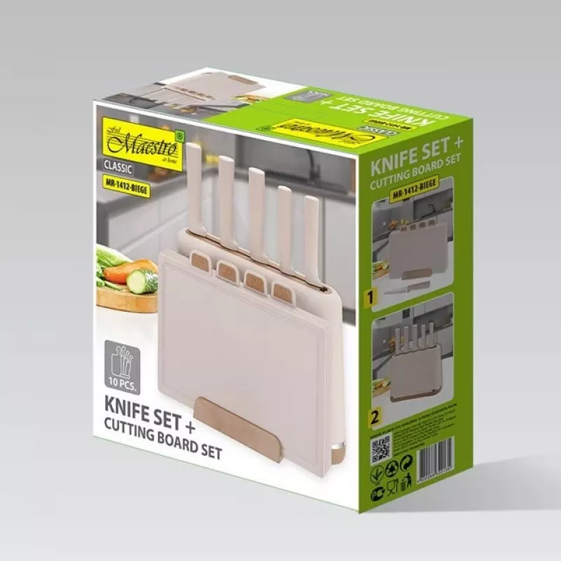 Maestro MR-1412-BEIGE juego de cuchillos con bloque + set de tablas de cortar beige