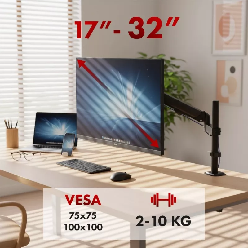 Soporte de monitor MACLEAN MC-135 con muelle de gas para pantallas de 17 a 32 pulgadas, carga 2–10 kg, negro