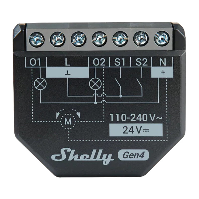 Shelly 2PM Gen4 actuador de persianas/toldos 2 canales, AC 110–240V, Wi‑Fi 2,4 GHz, 1,4 W, 8000 KB Flash