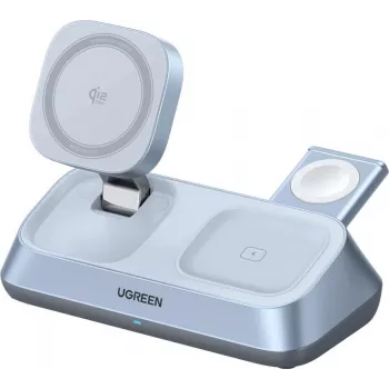 UGREEN MagFlow W711 cargador de mesa inalámbrico magnético Qi2 3 en 1 de 25W para iPhone, AirPods y Apple Watch, plata