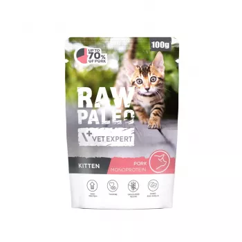 Comida húmeda para gatitos VETEXPERT Raw Paleo Kitten cerdo 100 g — alimento completo sin cereales para gatos jóvenes
