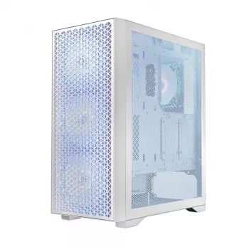 Caja de PC LOGIC Dart Pro Midi ARGB blanca — torre Midi, ATX, 456×200×385 mm, GPU máx. 34 cm, altura de disipador de CPU 155 mm, 3x120mm frontal + 1x120mm trasero, USB 3.0 x2, USB-C x1