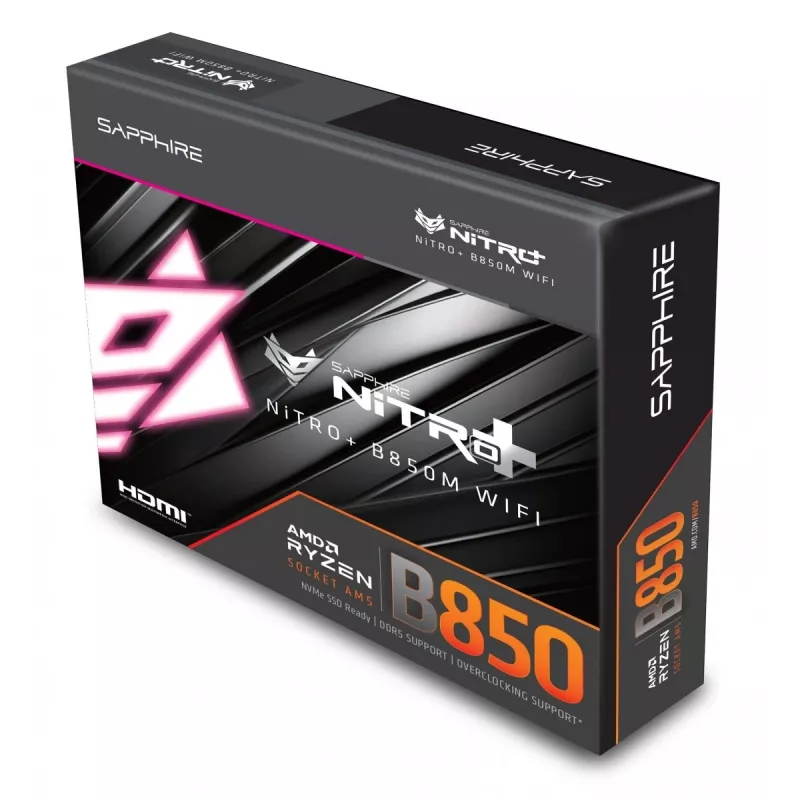 Placa base Sapphire NITRO+ B850M WIFI — AMD B850, zócalo AM5, micro ATX, DDR5, 4x DIMM, Wi‑Fi 6, 2,5Gb LAN, 2x M.2