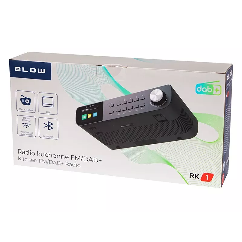 Radio de cocina portátil FM/DAB+ BLOW RK1 — compacta negra, funciona con pilas o red eléctrica