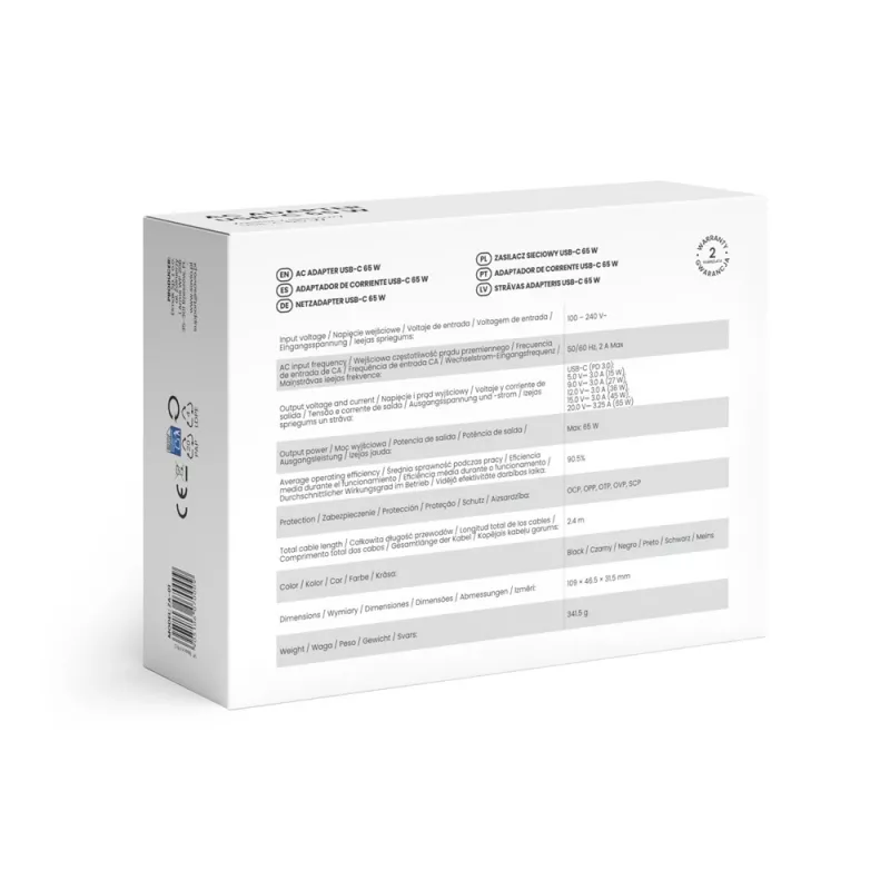 Cargador de CA para interiores SAVIO ZA-01, 65W USB‑C PD 3.0, entrada 100–240V, conector único, negro