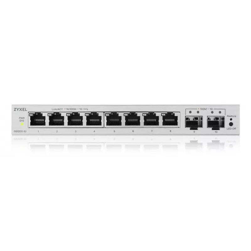 Switch gestionado L2 Gigabit Zyxel GS1200-10v3 — 8x Gigabit (10/100/1000), 20 Gbps, MAC 4000, sobremesa, gris