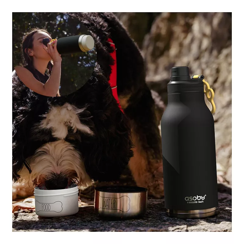 Asobu - Dog Bowl Buddy - Botella de acero inoxidable con 2 comederos negra