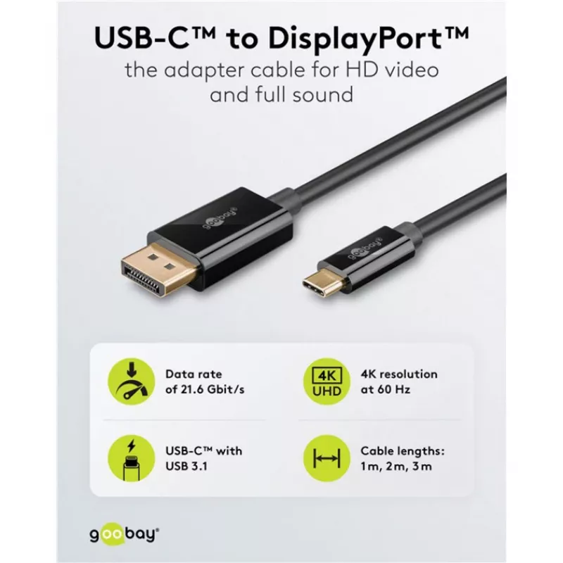 Goobay 75705 cable de USB-C a DisplayPort, 4K 60 Hz, 2 m, 21,6 Gbit/s, negro