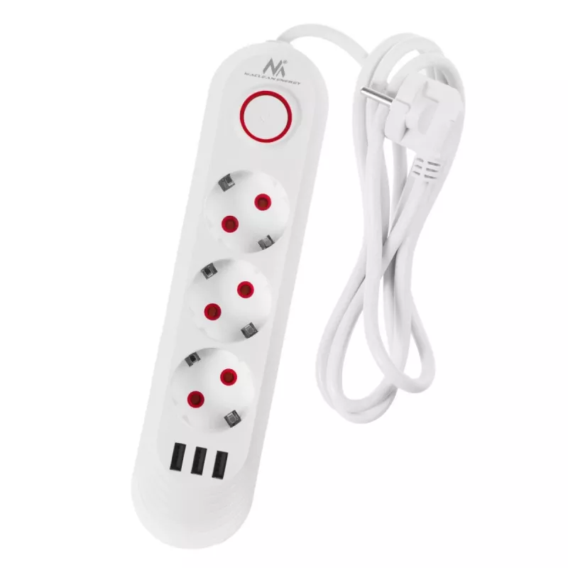 Regleta de enchufes MACLEAN MCE394W — 3 enchufes, 3×USB 2,1A, 110–240V AC, 2500W, cable de 1,5 m, blanca