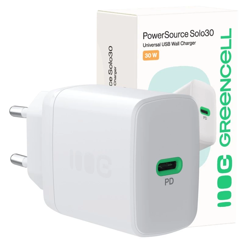 Fuente de alimentación Green Cell PowerSource Solo30 30W blanca — cargador USB-C, 30 W de potencia de salida