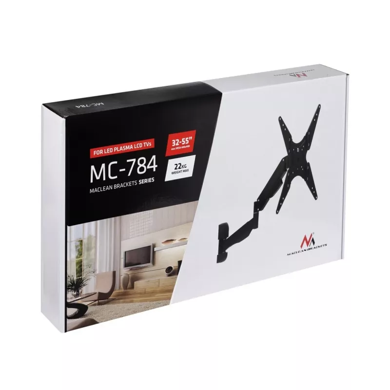 Soporte de pared con resorte de gas para TV MACLEAN MC-784 para televisores de 32–55 pulgadas, inclinación y altura ajustables, carga máx. 21 kg, montaje en pared, negro