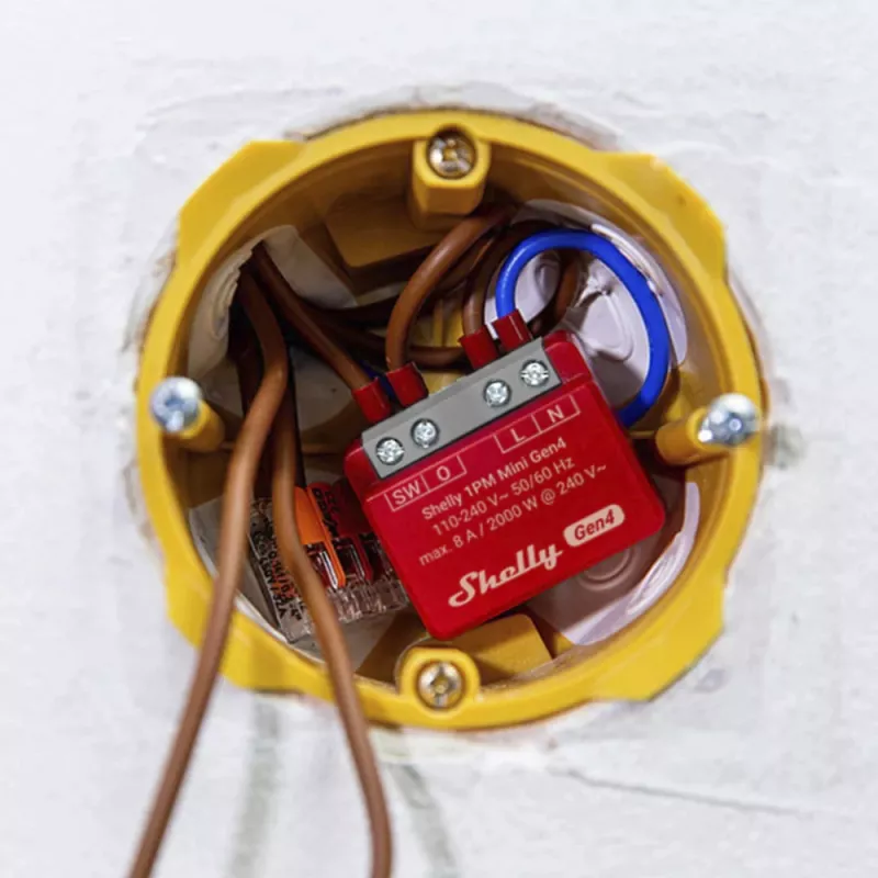 Interruptor inteligente Shelly 1PM Mini Gen4, inalámbrico 110–240 V AC, máx. 8 A / 2000 W, carcasa de plástico 34×16×29 mm
