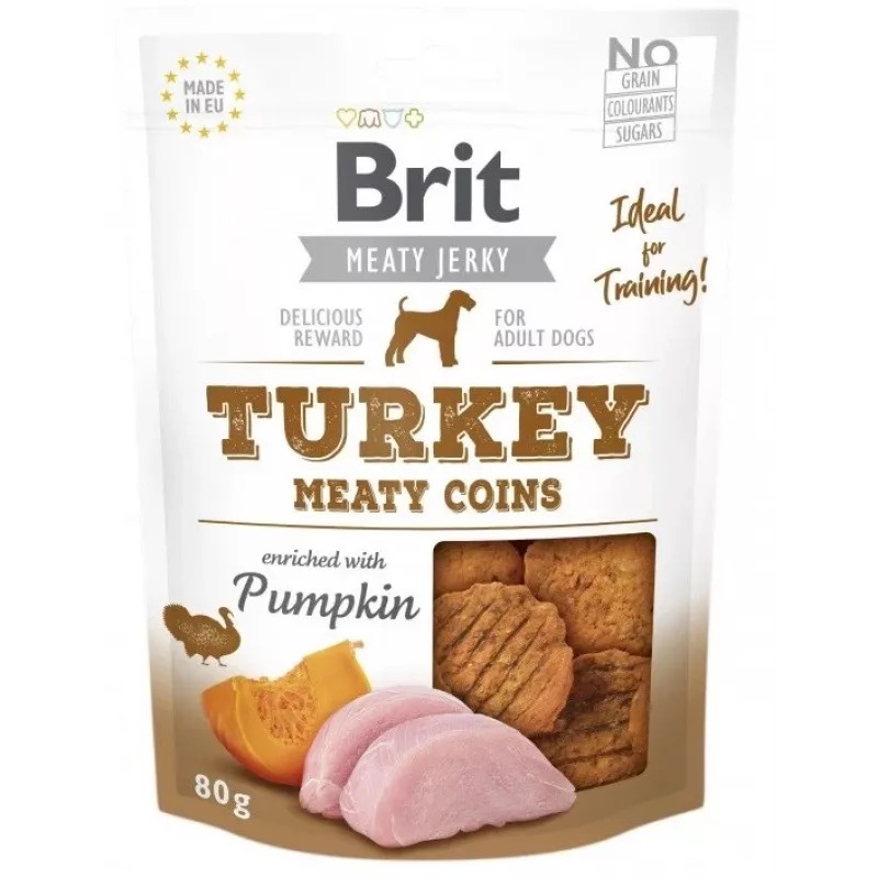 Brit Jerky Turkey Meaty Coins 200 g – snack funcional de entrenamiento para perros adultos, proteína 33%, grasa 22%