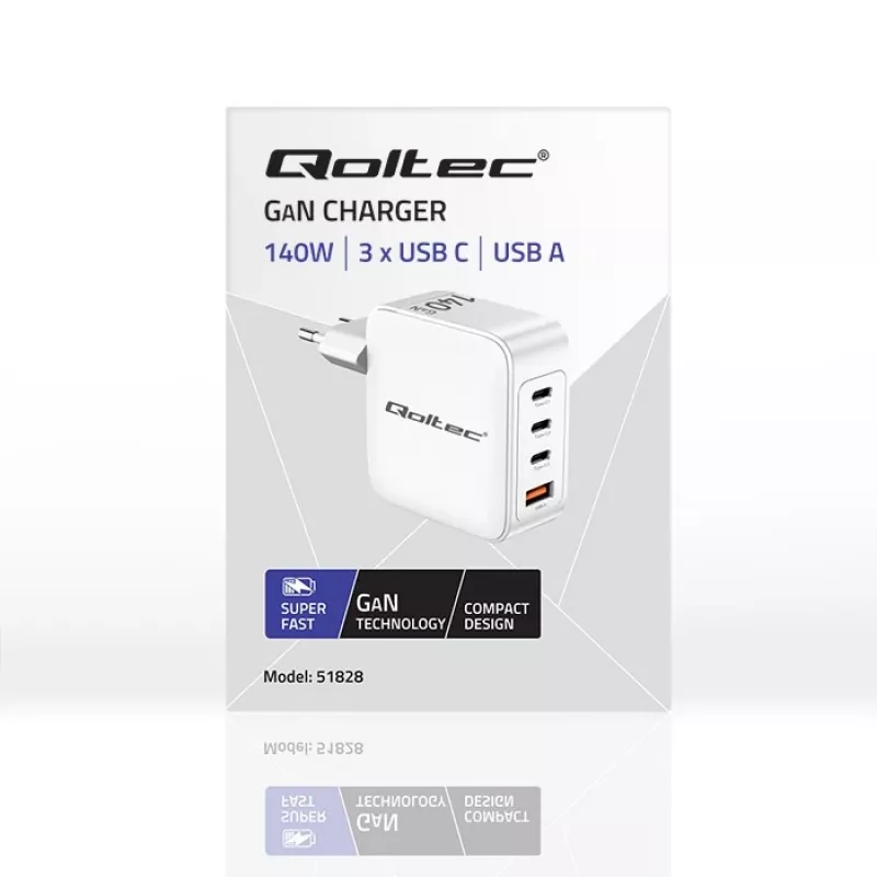 Cargador QOLTEC 51828 140W GaN 3×USB‑C PD + 1×USB‑A QC 3.0 – cargador rápido multipuerto