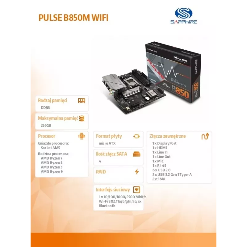 Placa base Sapphire PULSE B850M WIFI — AMD B850 micro ATX, socket AM5, DDR5 hasta 7600 MHz, 4 DIMM, 192 GB, Wi‑Fi 6, 2.5GbE