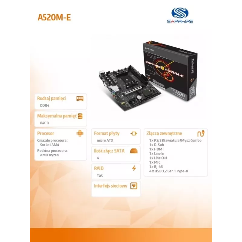 Placa base Micro-ATX Sapphire A520M-E para socket AM4, chipset AMD A520, 2x DDR4 DIMM, máx. 64 GB, PCIe 3.0 x16/x1, SATA III, Gigabit LAN