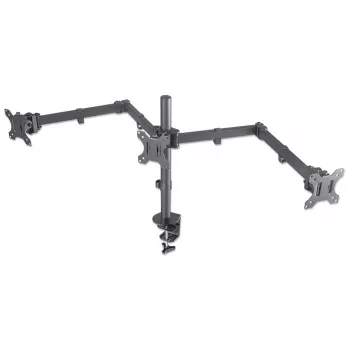 Soporte de mesa triple Manhattan para TV y monitores, Para pantallas: 10 a 27 pulgadas, fijación por pinza, compatibilidad VESA: 75x75 y 100x100 mm – comprueba las dimensiones de los cuatro orificios de montaje en la parte posterior de la pantalla para asegurarte de que encaja, Máx. 7 kg (por soporte), Negro, soporte, garantía de por vida