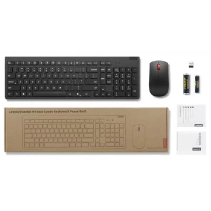 Conjunto de teclado y ratón inalámbricos Lenovo Essential Wireless Combo Gen2 — negro, diseño compacto, conexión inalámbrica