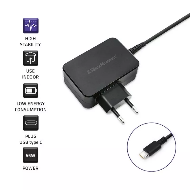Cargador portátil QOLTEC 51024 – Cargador universal de CA para interiores, 65 W PD, 20 V/3,25 A, cable de 1,2 m, negro