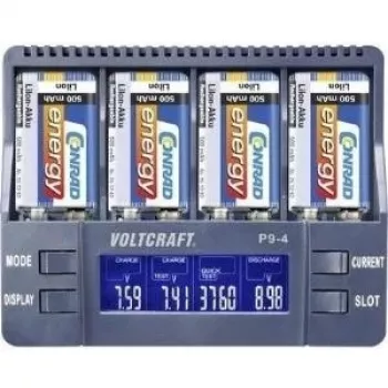 Cargador de baterías Voltcraft P9-4 para pilas de 9V — compatible con NiCd, NiMH y Li‑Ion