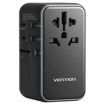 Cargador Vention FJGB0 100W GaN con 3× USB-C y 1× USB-A, negro