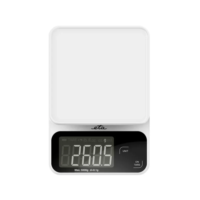 Báscula de cocina electrónica ETA POPI blanca — máx. 5 kg, precisión 1 g, pantalla LCD, pilas AAA