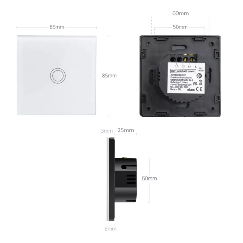 Maclean MCE702W interruptor de luz táctil, simple, de cristal, botón redondo, 86x86 mm, blanco