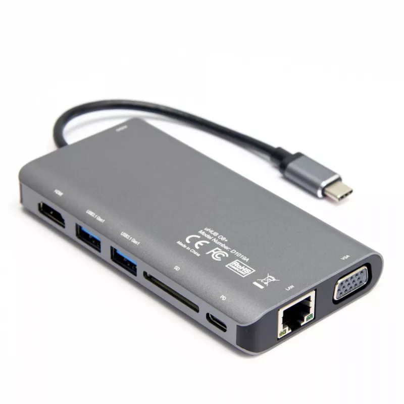 Hub USB Unitek uHUB O8+ con cable USB 3.2 Gen 1 Type-C, gris, 100W Power Delivery
