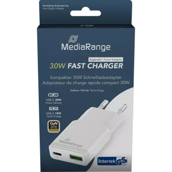 MediaRange MRMA125 cargador 30W 2 puertos (1x USB-A, 1x USB-C, GaN) blanco