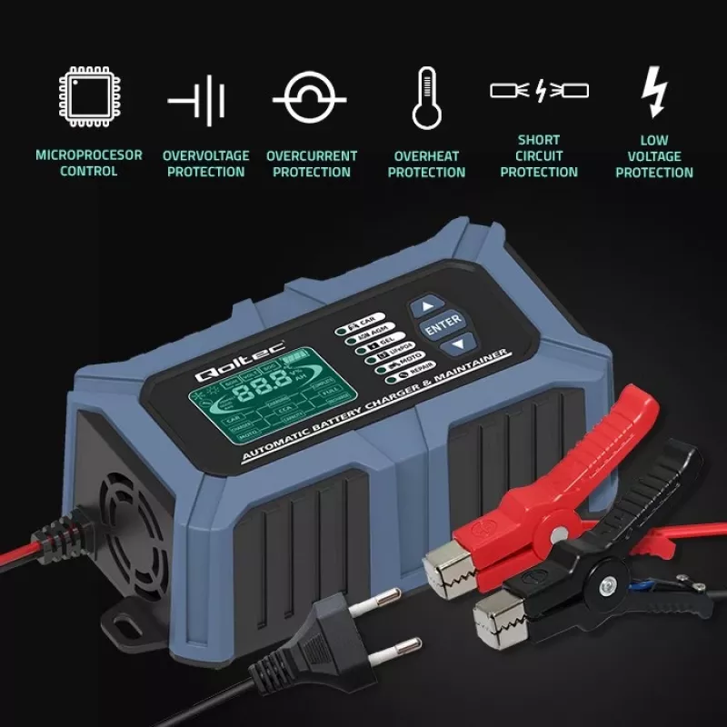 Cargador de batería inteligente con microprocesador Qoltec con probador de batería y función de reparación 12V | 6A | LCD | cargador de batería para batería AGM LiFePO4 GEL