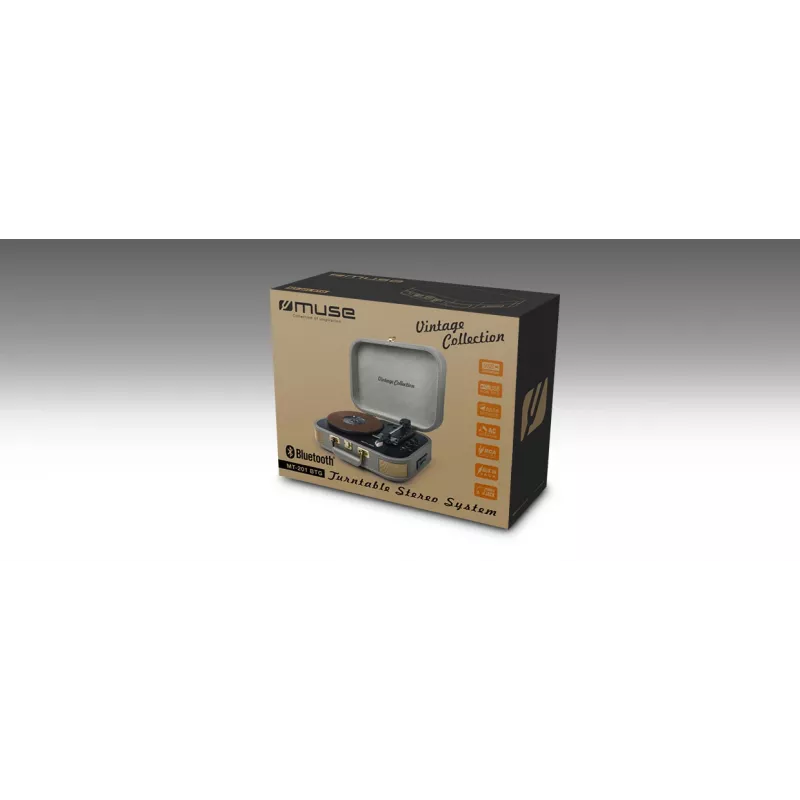 Muse | Tocadiscos con sistema estéreo | MT-201 BTG | Gris | Puerto USB | Entrada AUX