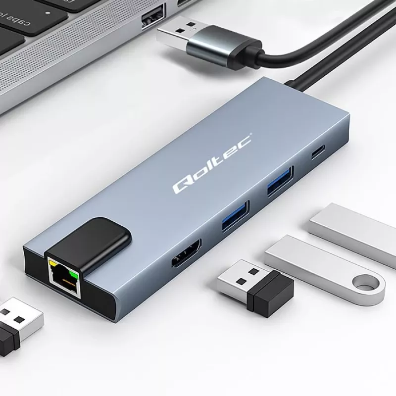 Hub USB-C QOLTEC 53795 5 en 1 con 100W PD, 2×USB-A, HDMI 4K, RJ45