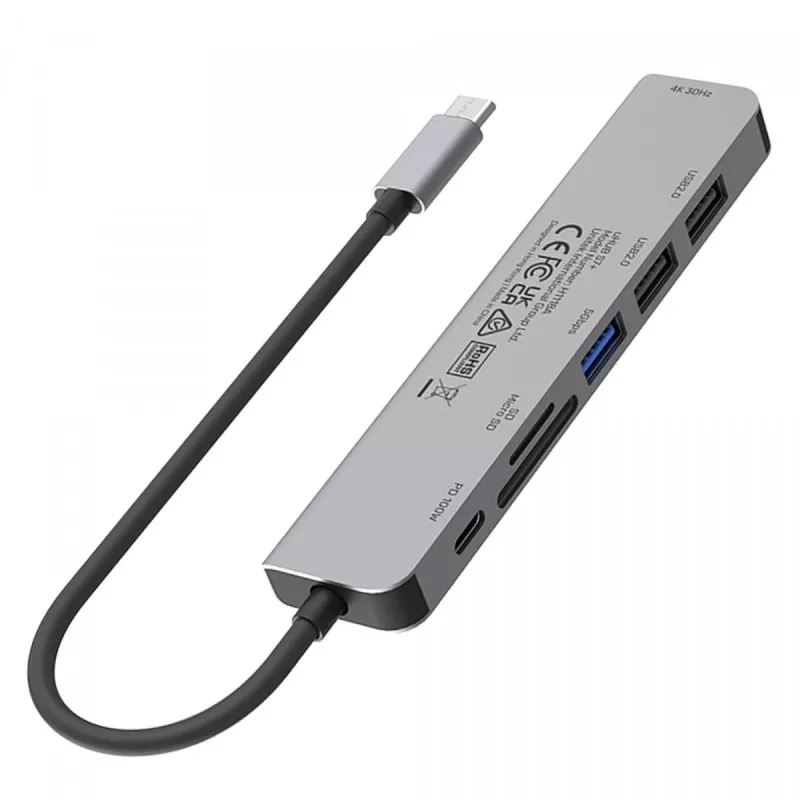 Hub USB-C Unitek 7en1 aluminio PD 100W 5 Gbps — adaptador multipuerto con Power Delivery