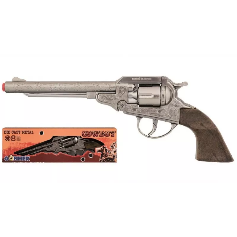 Pulio Revolver Cowboy GONHER 88/0 Metal 8 disparos – revólver de juguete de pistones, construcción metálica, tambor de 8 disparos
