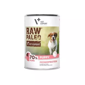 Comida húmeda para perros VETEXPERT RAW PALEO Monoprotein Pork 400 g lata, para cachorros, sin gluten, sin soja