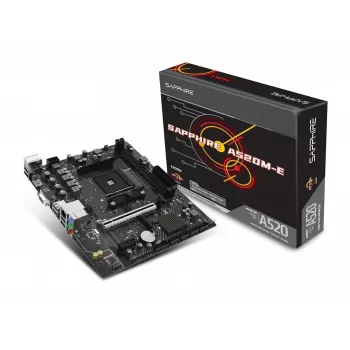 Placa base Micro-ATX Sapphire A520M-E para socket AM4, chipset AMD A520, 2x DDR4 DIMM, máx. 64 GB, PCIe 3.0 x16/x1, SATA III, Gigabit LAN