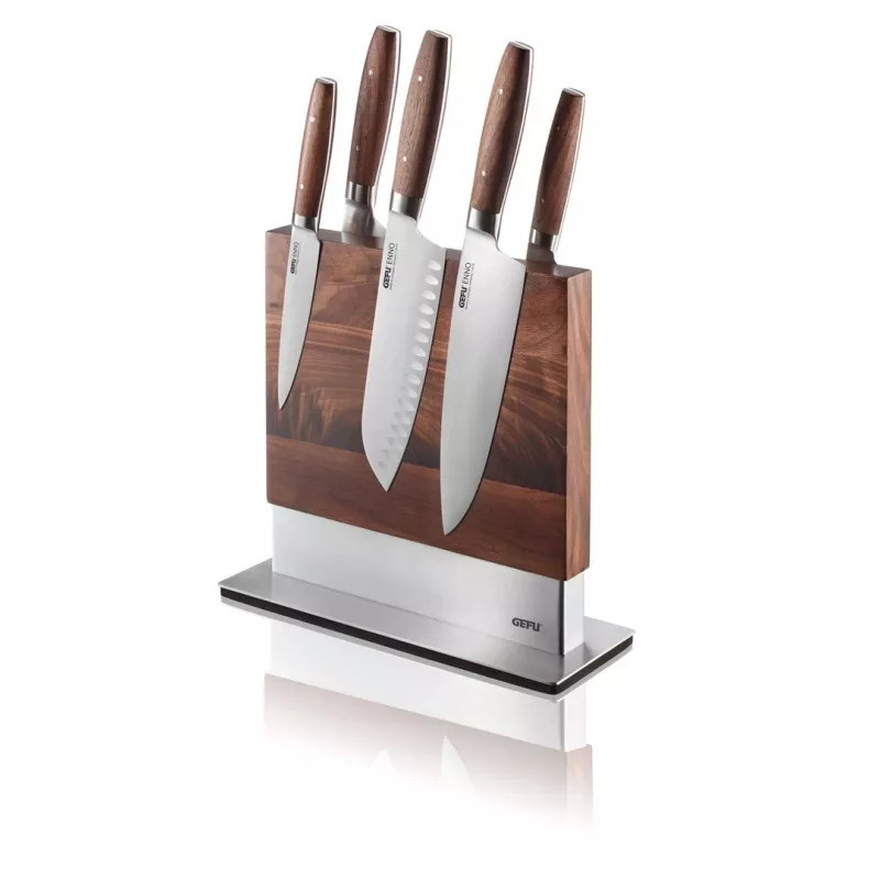Bloque de cuchillos Guard GEFU 13958 de NPC Polska – acero inoxidable y nogal, 90×250×256 mm