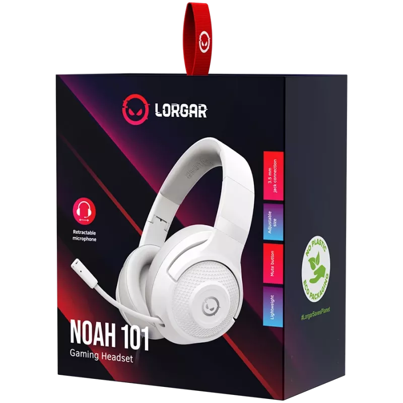 LORGAR Noah 101, Auriculares gaming con micrófono, conexión jack de 3,5 mm, longitud del cable 2 m, diseño plegable, almohadillas de piel sintética PU, tamaño: 185*195*80 mm, 0,245 kg, blanco