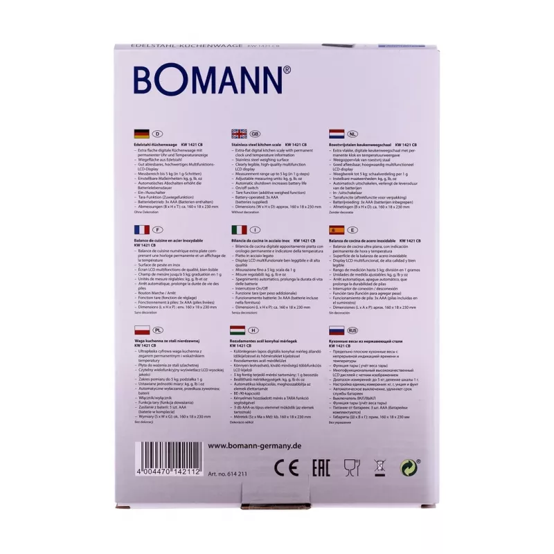Bomann KW 1421 CB báscula de cocina, pantalla LCD, acero inoxidable, 160 x 230 x 18 mm, AAA, negra (614211)