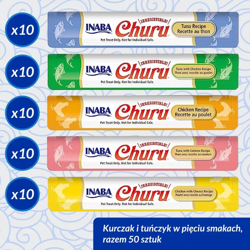 Snacks húmedos para gatos INABA Churu variedades — pollo y atún, 50 tubos de pasta de 14 g, sin cereales, sin gluten ni azúcar