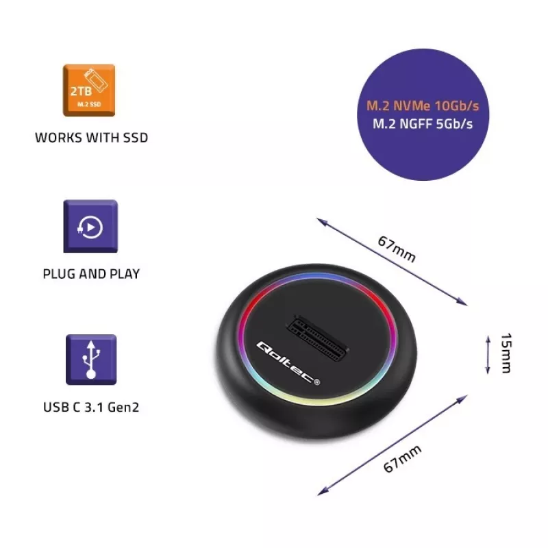 Base de acoplamiento para SSD M.2 QOLTEC 52275 para unidades SATA y NVMe, conexión USB