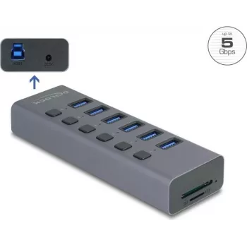 Hub USB 3.0 externo de 6 puertos DELOCK 64237 con interruptores individuales y ranura para tarjetas SD/MicroSD